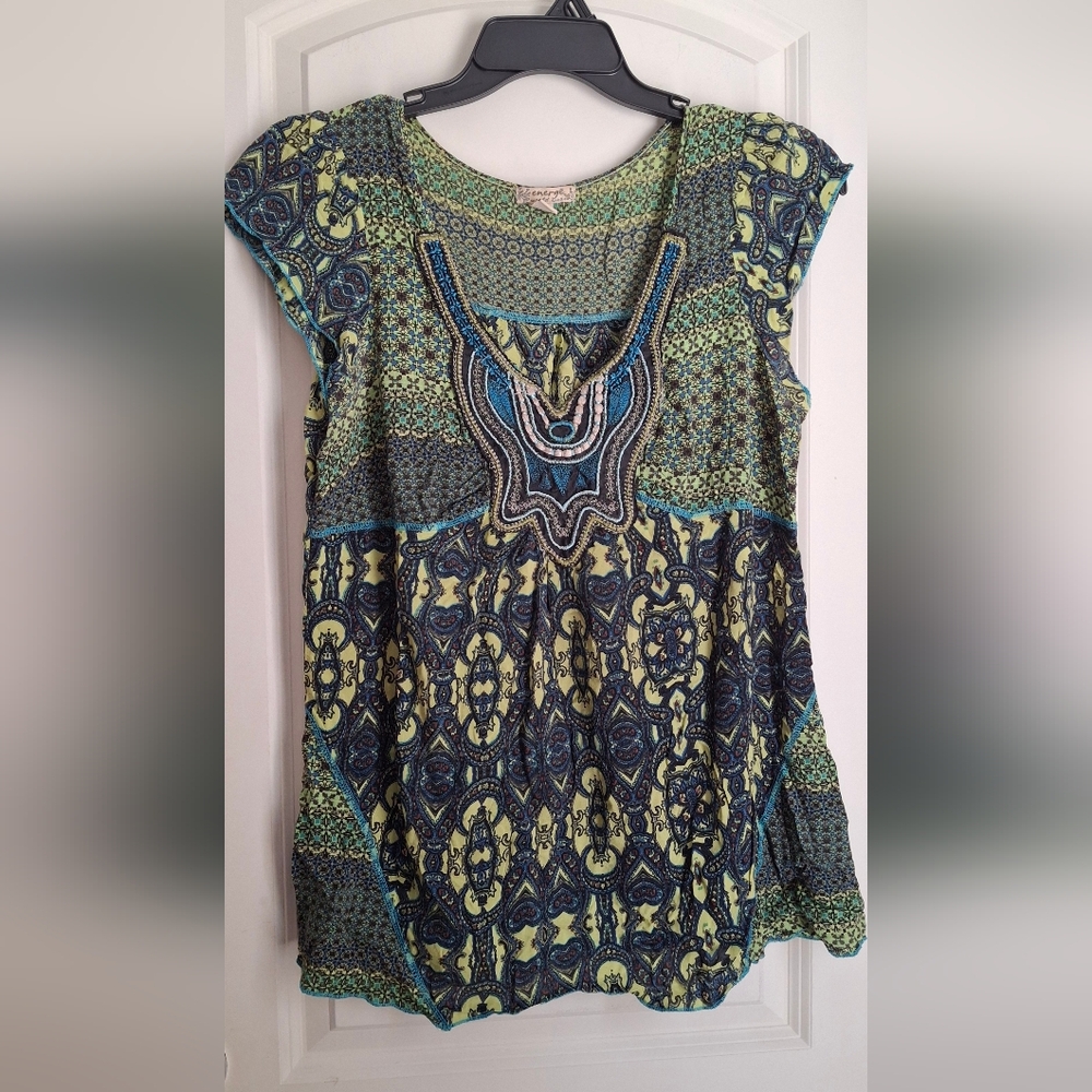 Energe Rayon Womens Top Sz L Patterned Green and Blue Women's Top Embroidered